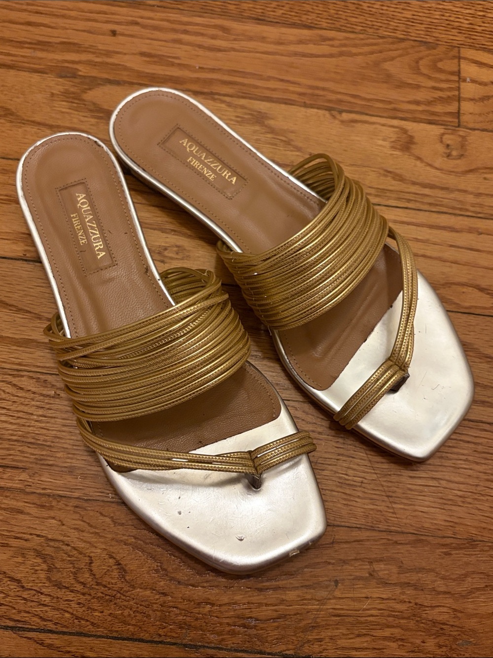 Aquazzura Metallic Gold and Silver Leather Slide Sandals